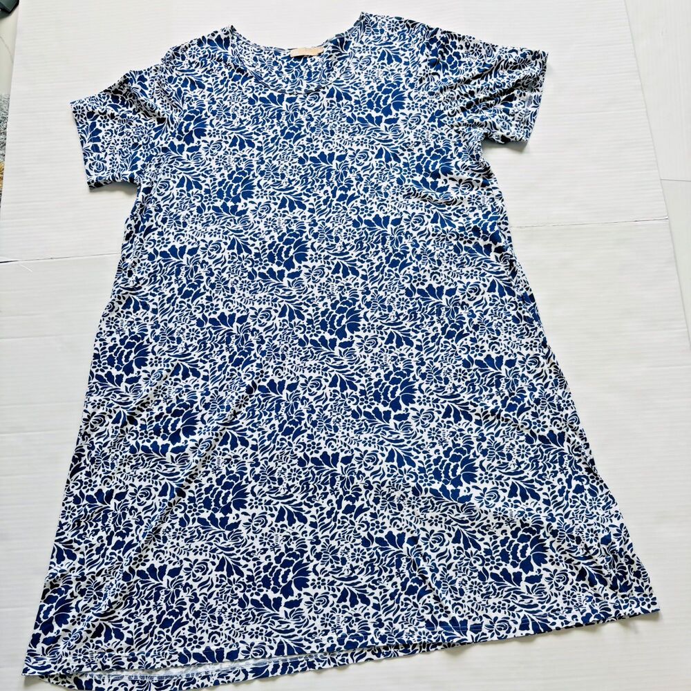 La Cera Blue White Floral Cotton Knit Dress 3X Coastal Grandmother Midi